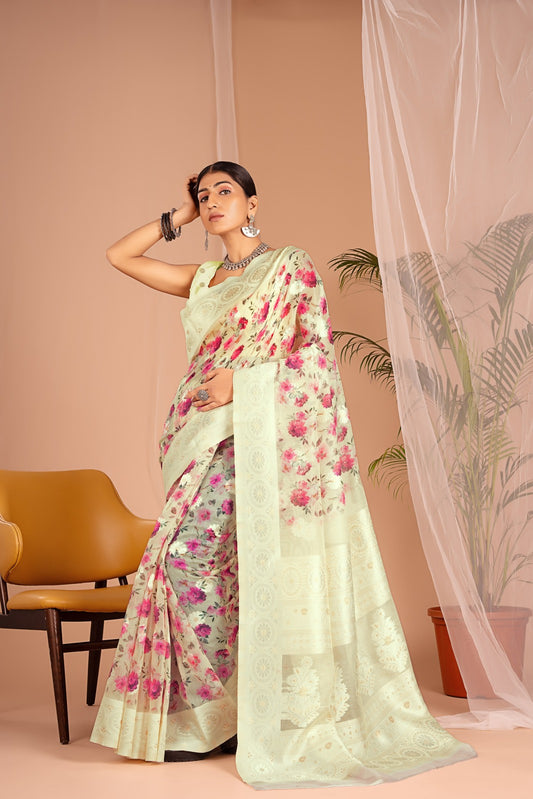 Lakhnawi Digital Print Light Yellow Floral Saree