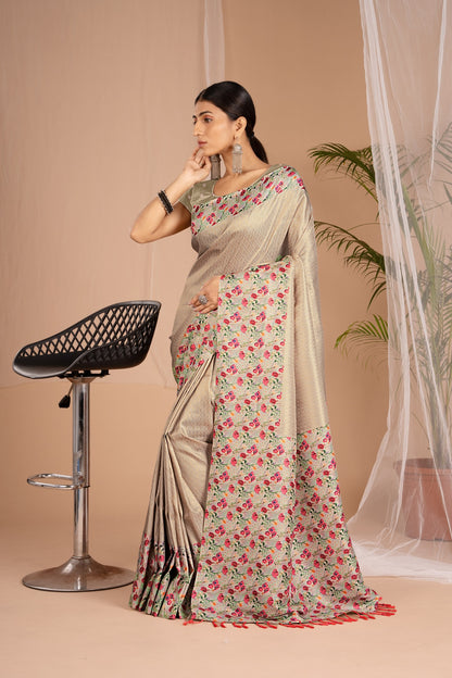 Banarasi Softy Digital Print Floral Silk Biege Colour Saree-Festive And Party Wear