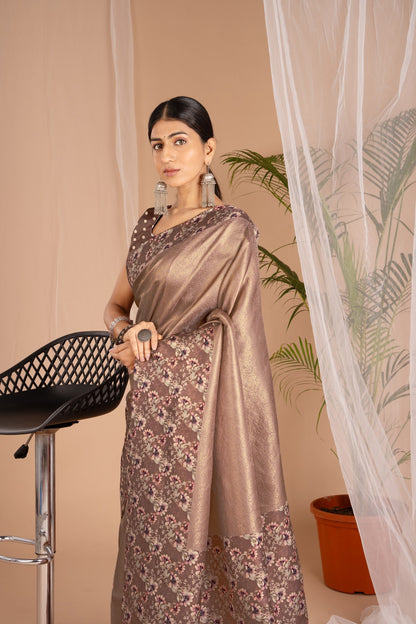 Banarasi Softy Digital Print Floral Silk Coffee Colour Saree-Festive And Party Wear