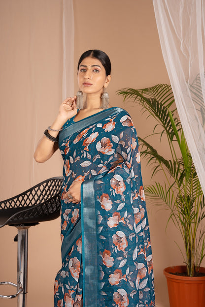 Silver Cot Blue Digital Print Saree with Silver Border