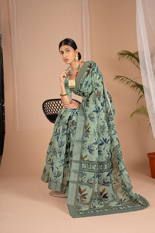 Silver Cot Greenish Digital Print Saree with Silver Border