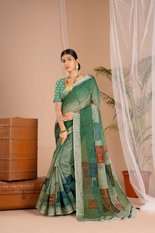 Silver Cot Green Digital Print Saree with Silver Border