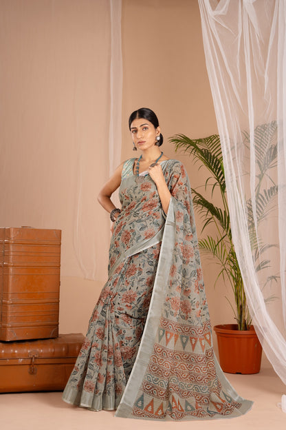 Silver Cot Khakhi Digital Print Saree with Silver Border