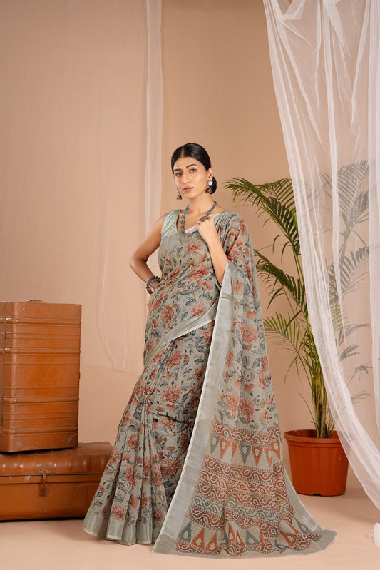 Silver Cot Khakhi Digital Print Saree with Silver Border