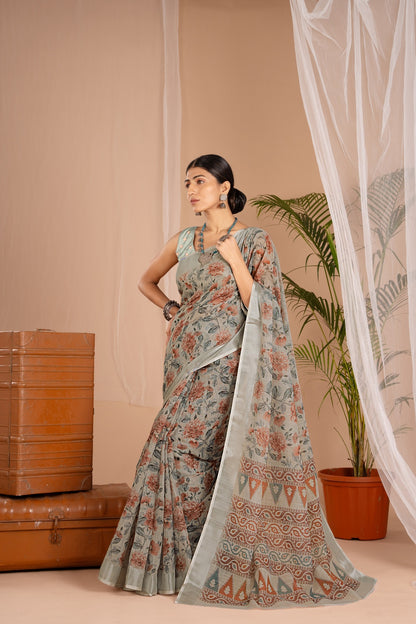 Silver Cot Khakhi Digital Print Saree with Silver Border