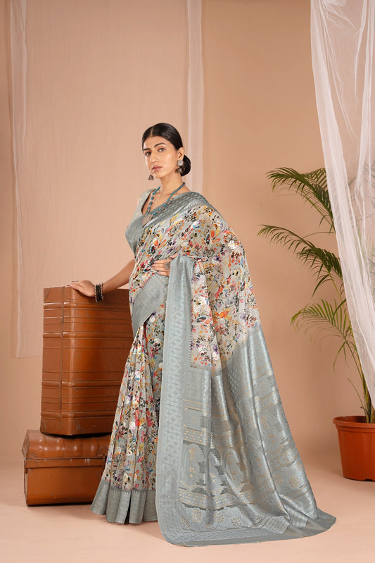 Lakhnawi Digital Print Silver Floral Saree