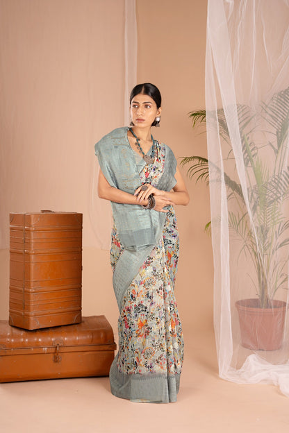 Lakhnawi Digital Print Silver Floral Saree