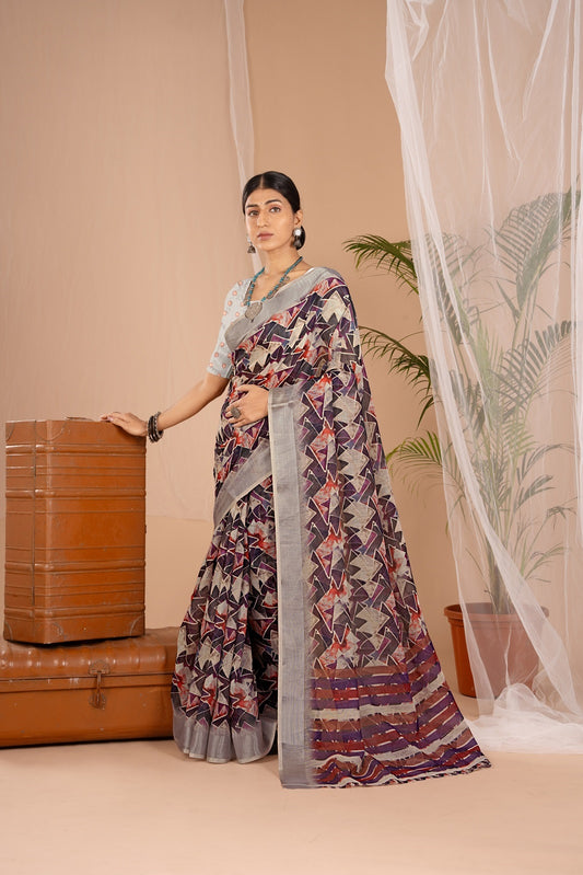 Silver Cot Purple Digital Print Saree with Silver Border