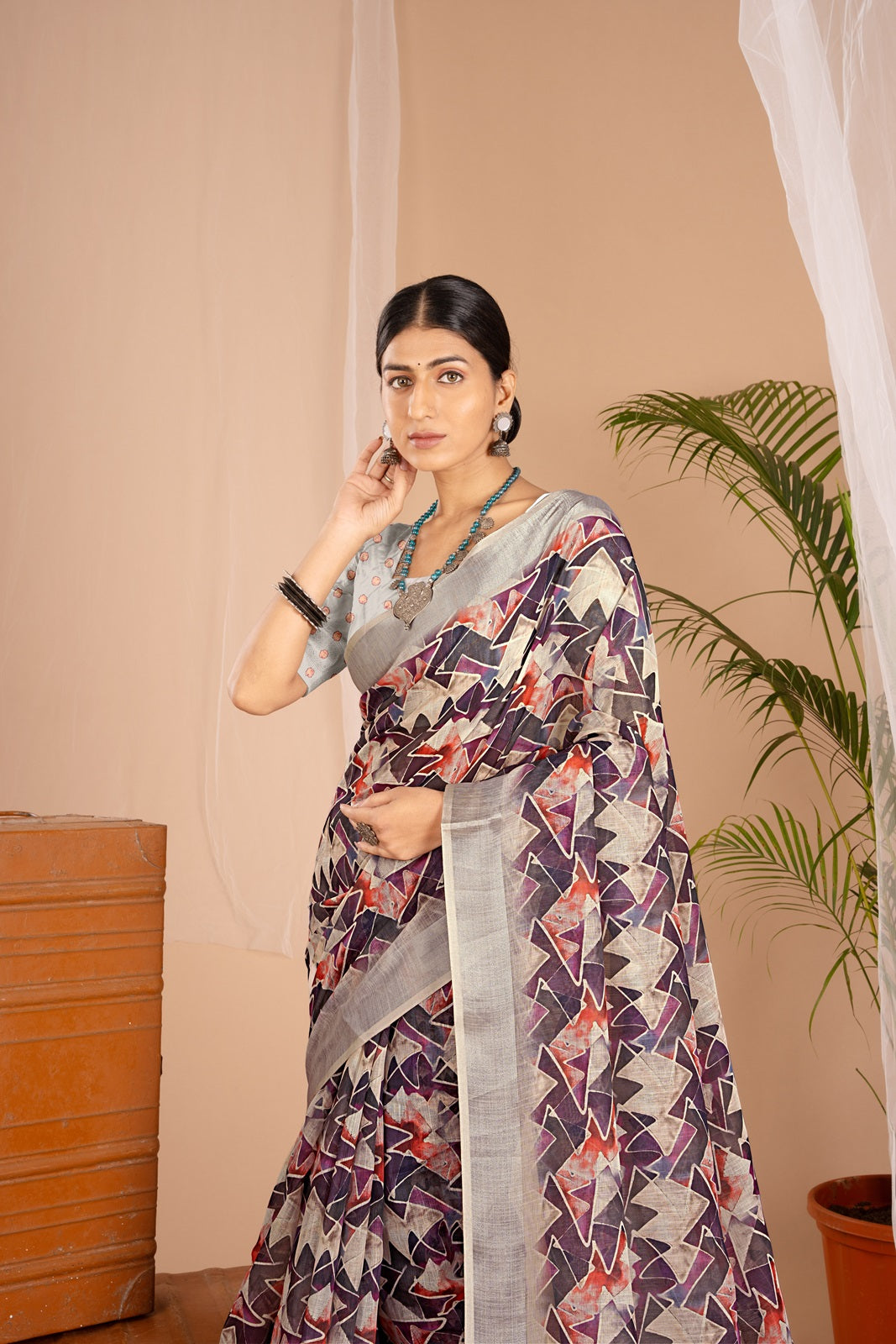 Silver Cot Purple Digital Print Saree with Silver Border
