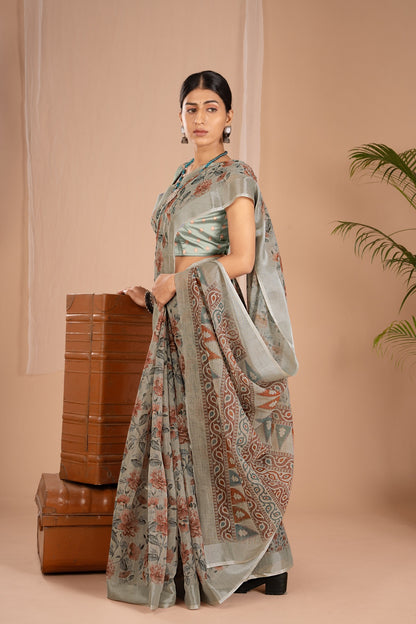 Silver Cot Khakhi Digital Print Saree with Silver Border