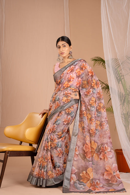 Silver Cot Light Purple Digital Print Saree with Silver Border