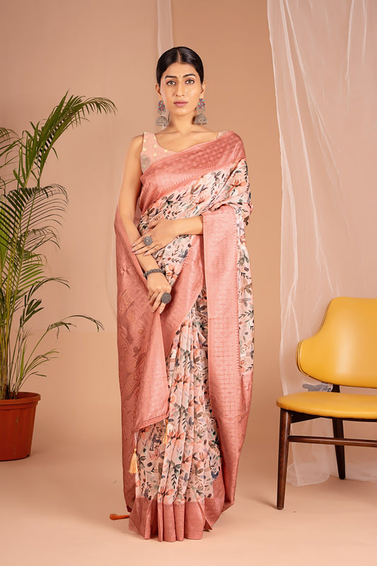 Lakhnawi Digital Print Peach Orange Floral Saree