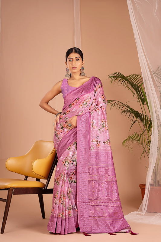 Lakhnawi Digital Print Purple Floral Saree