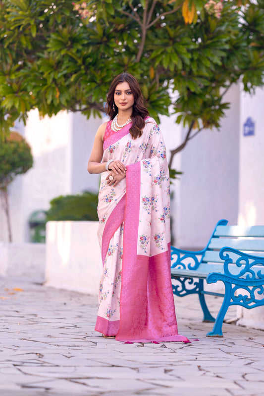 Banarasi Softy Digital Print Floral Silk Light Pink Saree-Festive And Party Wear