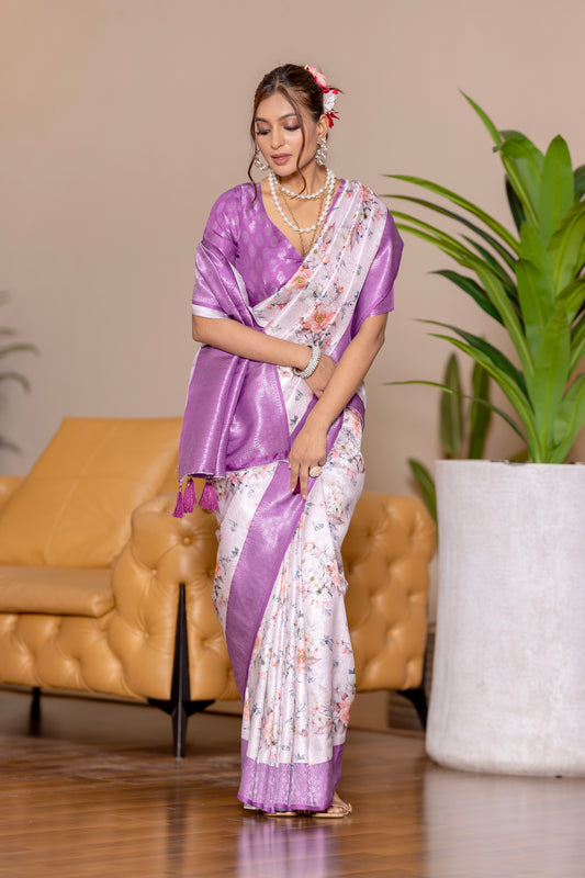 Banarasi Softy Digital Print Floral Silk Light Purple Saree-Festive And Party Wear