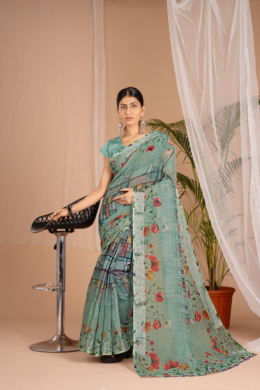 Silver Cot Sea Green Digital Print Saree with Silver Border