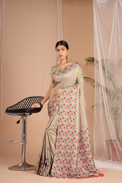 Banarasi Softy Digital Print Floral Silk Biege Colour Saree-Festive And Party Wear