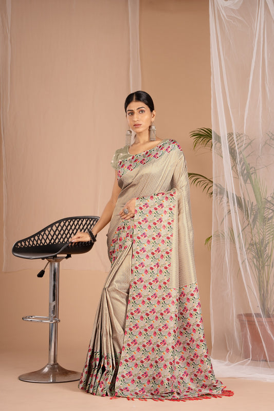 Banarasi Softy Digital Print Floral Silk Biege Colour Saree-Festive And Party Wear