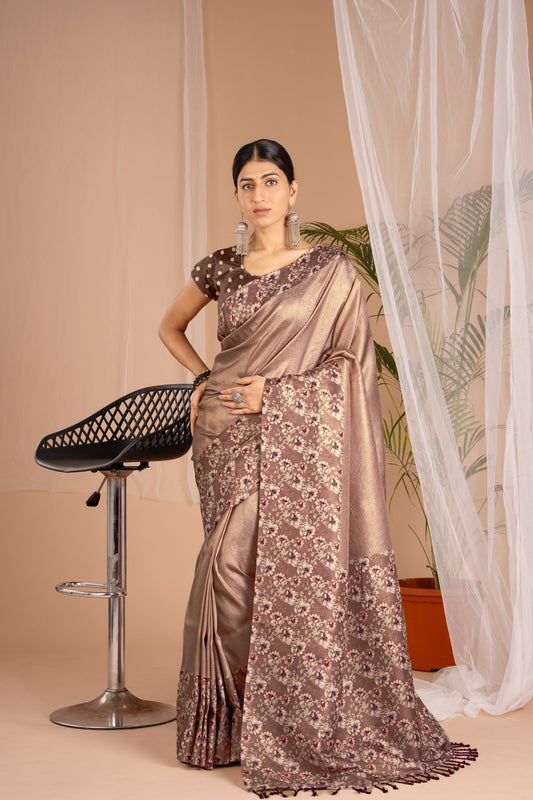 Banarasi Softy Digital Print Floral Silk Coffee Colour Saree-Festive And Party Wear
