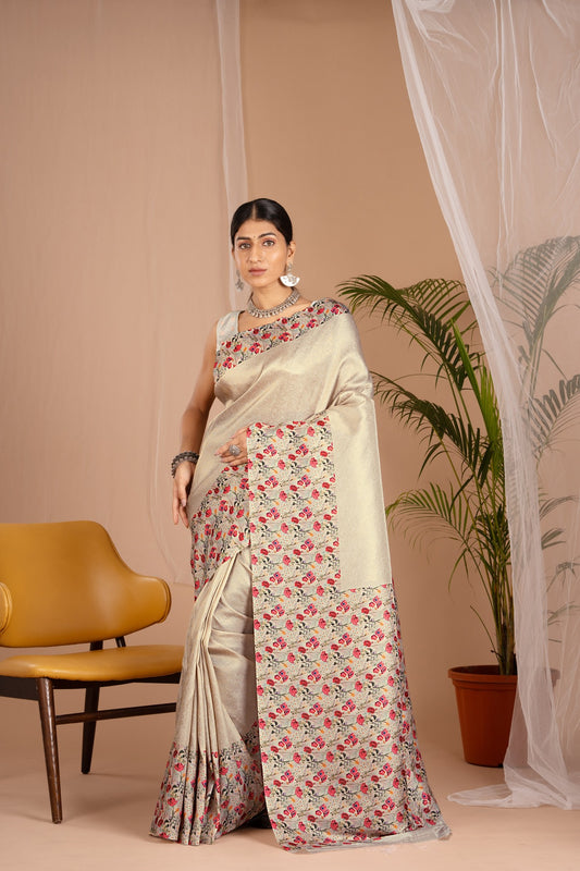 Banarasi Softy Digital Print Floral Silk Light Yellow Saree-Festive And Party Wear