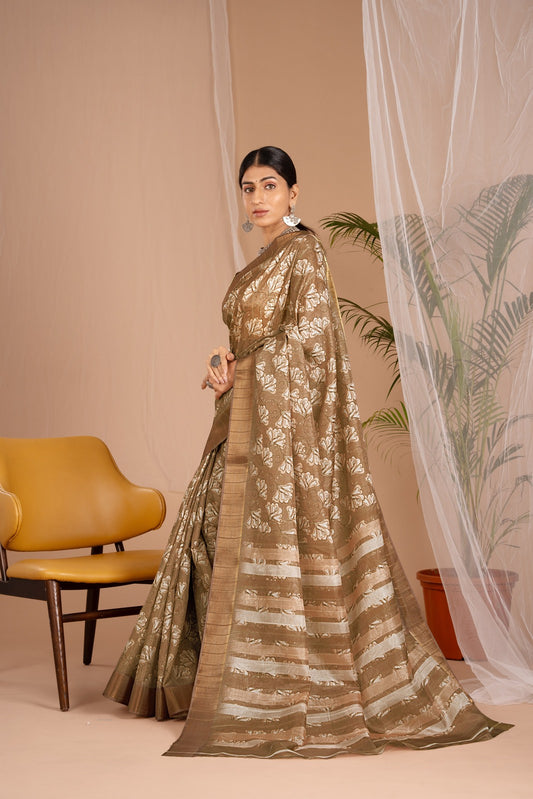 Golden Cot Handloom Silk Digital Print Khakhi Floral Saree With Golden Border