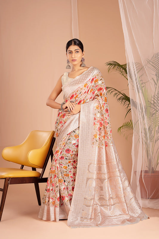 Lakhnawi Digital Print Peach Pink Floral Saree