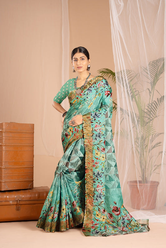 Golden Cot Digital Print Sea Green Floral Saree With Golden Border