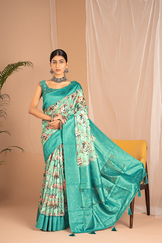 Lakhnawi Digital Print Sea Green Floral Saree
